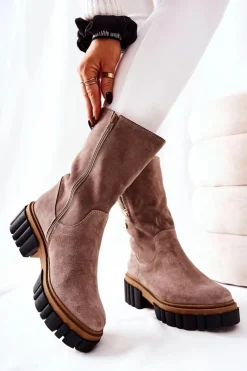 Boto Kozaki Płaskie|Kozaki Zamszowe*Skórzane Ocieplane Botki Kozaki Cappucino Souffle