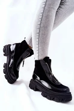 Laura Messi Czarne Botki|Botki Zimowe Damskie*Skórzane Ocieplane Botki Czarne 2371