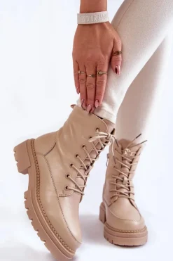 Boto Damskie Trapery|Botki Sznurowane*Skórzane Ocieplane Botki La.Fi 250009TA-QN Beżowe