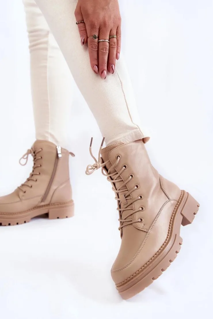 Boto Damskie Trapery|Botki Sznurowane*Skórzane Ocieplane Botki La.Fi 250009TA-QN Beżowe
