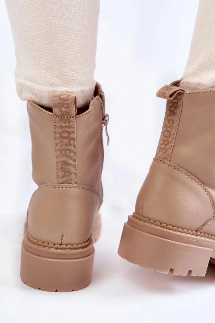 Boto Damskie Trapery|Botki Sznurowane*Skórzane Ocieplane Botki La.Fi 250009TA-QN Beżowe