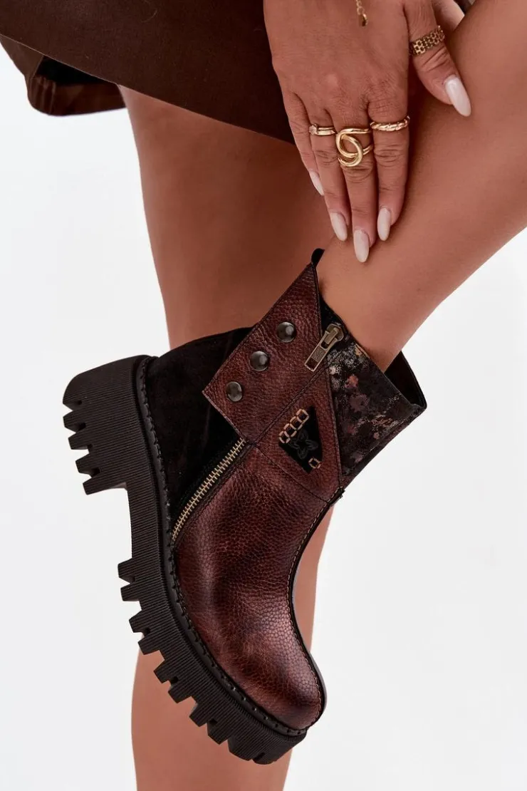 Maciejka Botki Ocieplane|Botki Maciejka*Skórzane Ocieplane Botki Na Platformie I Płaskim Obcasie 06140-02 Brązowe