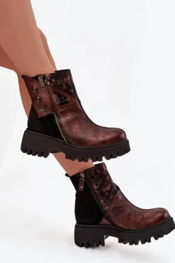 Maciejka Botki Ocieplane|Botki Maciejka*Skórzane Ocieplane Botki Na Platformie I Płaskim Obcasie 06140-02 Brązowe