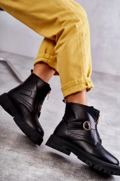 Boto Czarne Botki|Botki Zimowe Damskie*Skórzane Ocieplane Botki Na Suwak Czarne Verina