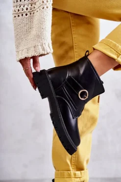 Boto Czarne Botki|Botki Zimowe Damskie*Skórzane Ocieplane Botki Na Suwak Czarne Verina