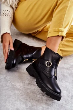 Boto Czarne Botki|Botki Zimowe Damskie*Skórzane Ocieplane Botki Na Suwak Czarne Verina