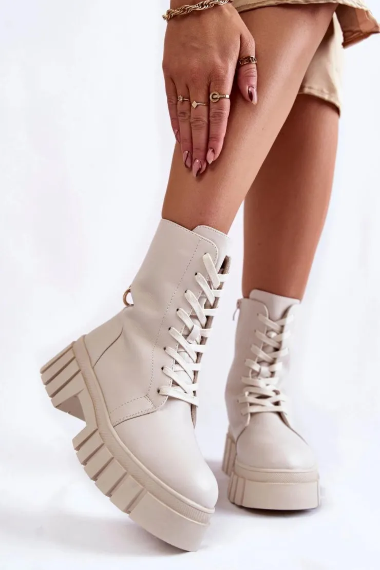 Damskie Buty Sergio Leone Skórzane Ocieplane Botki Na Platformie Jasnobeżowe Telisa