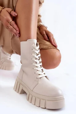 Damskie Buty Sergio Leone Skórzane Ocieplane Botki Na Platformie Jasnobeżowe Telisa