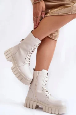 Damskie Buty Sergio Leone Skórzane Ocieplane Botki Na Platformie Jasnobeżowe Telisa