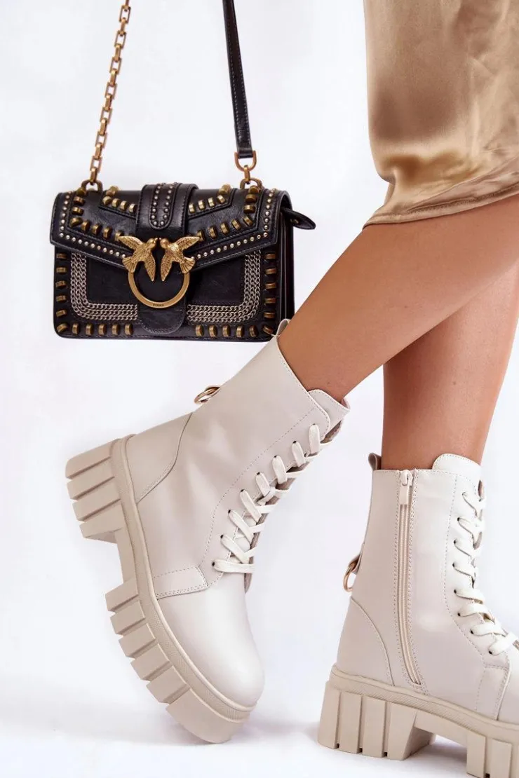 Damskie Buty Sergio Leone Skórzane Ocieplane Botki Na Platformie Jasnobeżowe Telisa