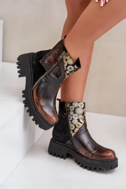 Maciejka Skórzane Ocieplane Botki Na Platformie I Płaskim Obcasie 06140-25 Złoto-Czarne