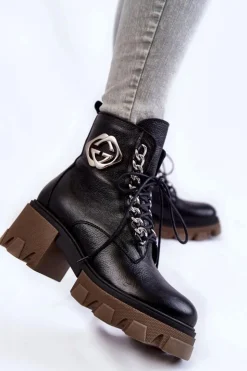 Boto Damskie Trapery|Botki Sznurowane*Skórzane Ocieplane Botki Na Suwak Czarne Lemar Raynes
