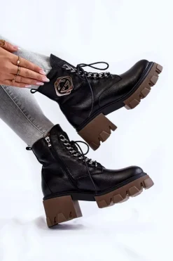 Boto Damskie Trapery|Botki Sznurowane*Skórzane Ocieplane Botki Na Suwak Czarne Lemar Raynes