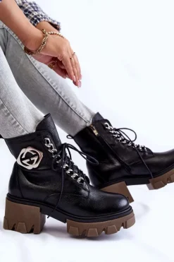 Boto Damskie Trapery|Botki Sznurowane*Skórzane Ocieplane Botki Na Suwak Czarne Lemar Raynes