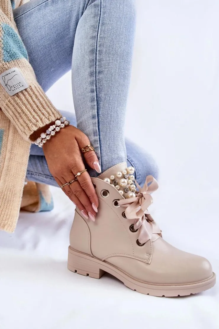 Outlet Boto Skórzane Ocieplane Botki Na Suwak Z Perłami Beżowe Raiso
