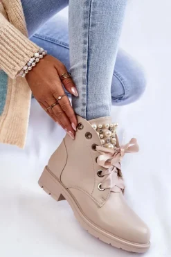 Outlet Boto Skórzane Ocieplane Botki Na Suwak Z Perłami Beżowe Raiso