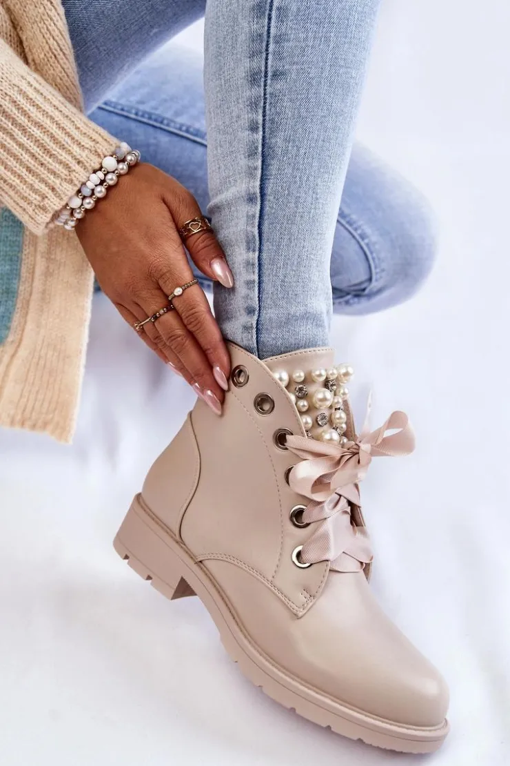 Outlet Boto Skórzane Ocieplane Botki Na Suwak Z Perłami Beżowe Raiso