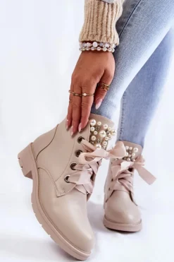 Outlet Boto Skórzane Ocieplane Botki Na Suwak Z Perłami Beżowe Raiso