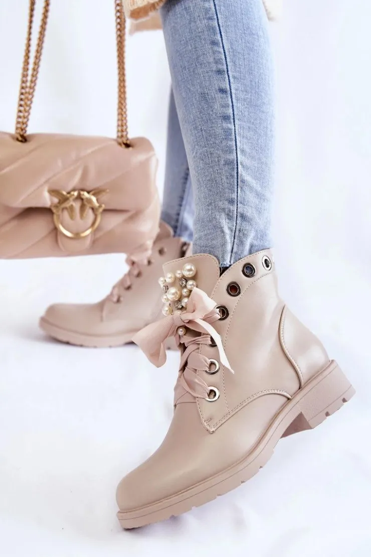 Outlet Boto Skórzane Ocieplane Botki Na Suwak Z Perłami Beżowe Raiso