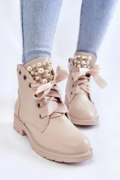 Outlet Boto Skórzane Ocieplane Botki Na Suwak Z Perłami Beżowe Raiso