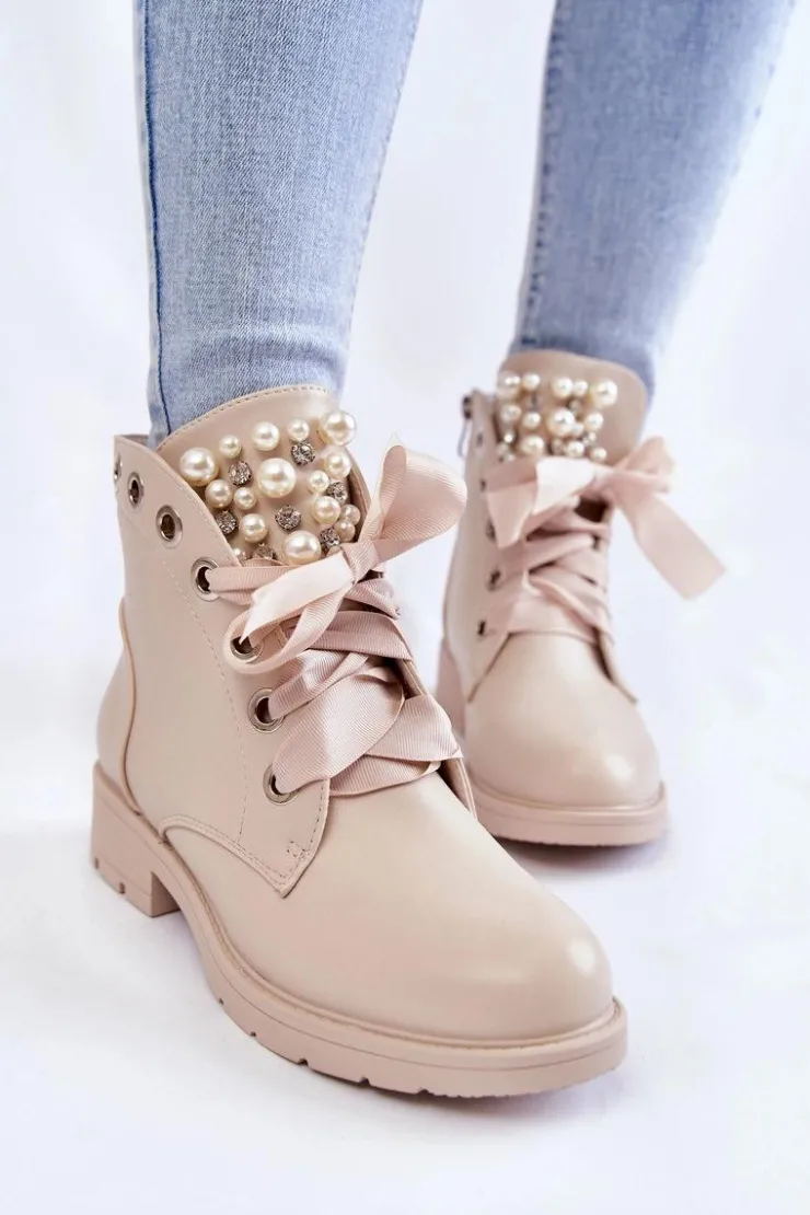 Outlet Boto Skórzane Ocieplane Botki Na Suwak Z Perłami Beżowe Raiso