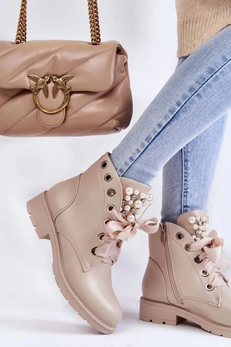 Outlet Boto Skórzane Ocieplane Botki Na Suwak Z Perłami Beżowe Raiso