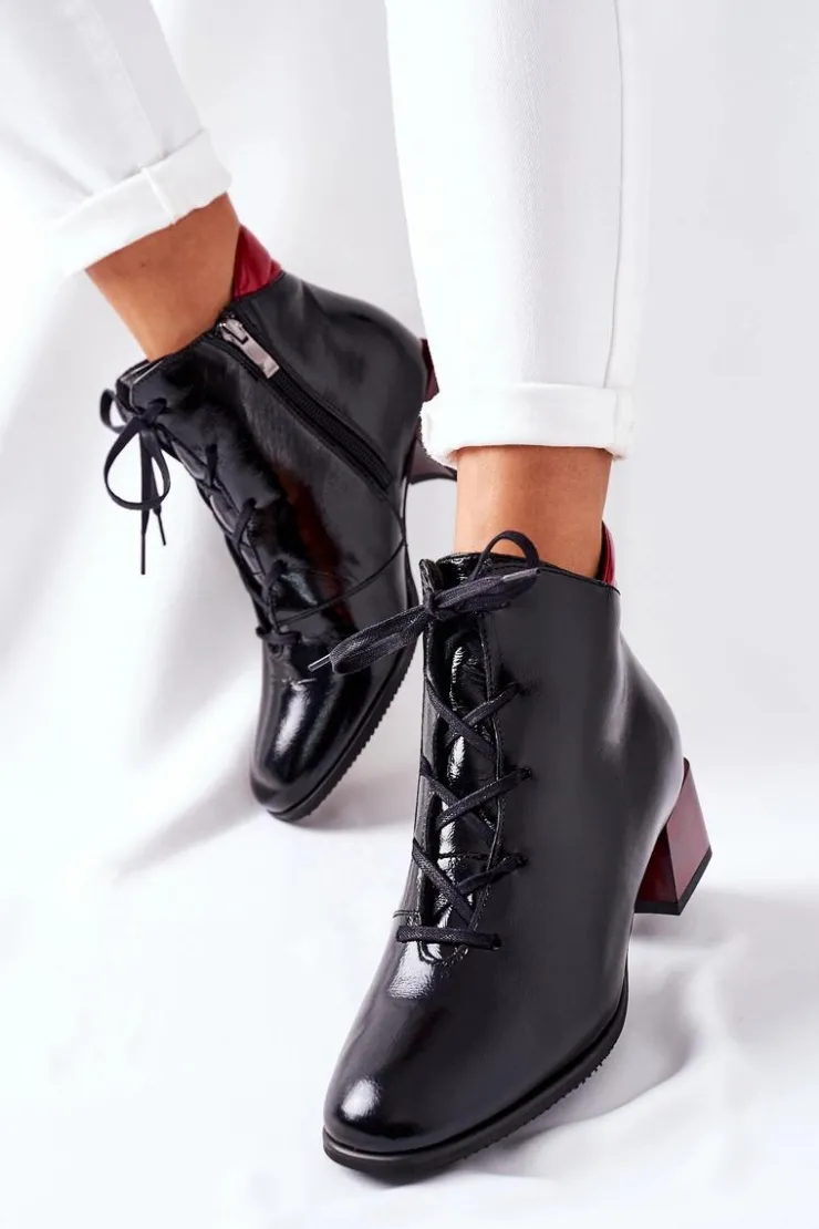 Laura Messi Botki Sznurowane|Botki Na Słupku*Skórzane Ocieplane Botki Na Obcasie Czarne 2202