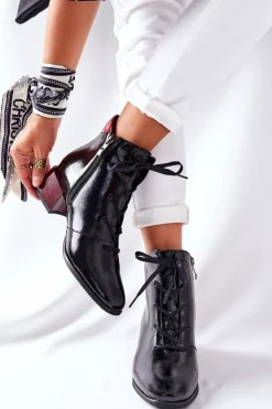 Laura Messi Botki Sznurowane|Botki Na Słupku*Skórzane Ocieplane Botki Na Obcasie Czarne 2202