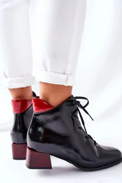 Laura Messi Botki Sznurowane|Botki Na Słupku*Skórzane Ocieplane Botki Na Obcasie Czarne 2202