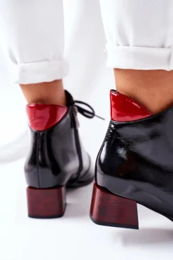 Laura Messi Botki Sznurowane|Botki Na Słupku*Skórzane Ocieplane Botki Na Obcasie Czarne 2202