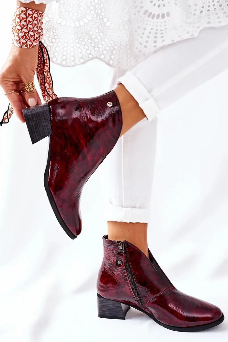 Maciejka Botki Maciejka|Botki Na Słupku*Skórzane Ocieplane Botki Na Obcasie 04777-23 Bordo