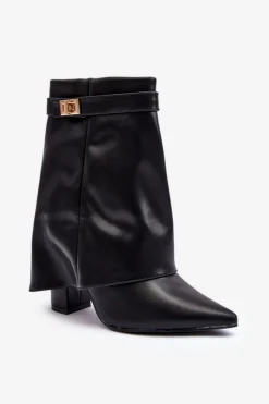 Boto Skórzane Ocieplane Botki Na Słupku Czarne Chevie