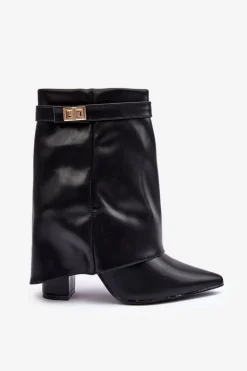 Boto Skórzane Ocieplane Botki Na Słupku Czarne Chevie