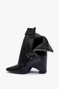 Boto Skórzane Ocieplane Botki Na Słupku Czarne Chevie