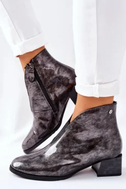 Sale Maciejka Skórzane Ocieplane Botki Na Obcasie 04777-13 Popielate