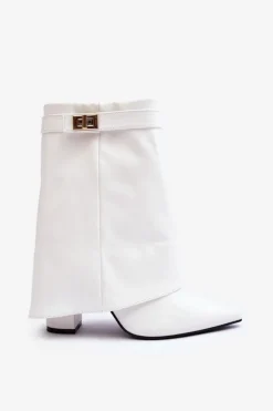 Damskie Boto Skórzane Ocieplane Botki Na Słupku Białe Chevie