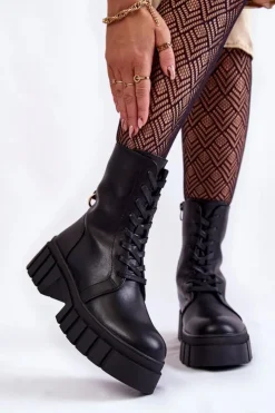 New Buty Sergio Leone Skórzane Ocieplane Botki Na Platformie Czarne Telisa