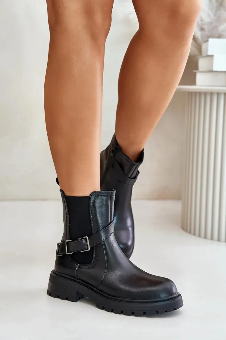 Buty Sergio Leone Botki Ocieplane|Botki Zimowe Damskie*Skórzane Ocieplane Botki Sztyblety Z Paskiem Sergio Leone TR719-S Czarne Czarny