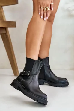 Buty Sergio Leone Botki Ocieplane|Botki Zimowe Damskie*Skórzane Ocieplane Botki Sztyblety Z Paskiem Sergio Leone TR719-S Czarne Czarny