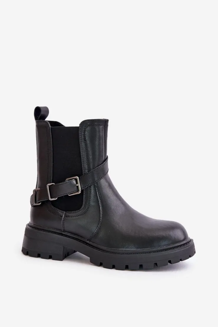 Buty Sergio Leone Botki Ocieplane|Botki Zimowe Damskie*Skórzane Ocieplane Botki Sztyblety Z Paskiem Sergio Leone TR719-S Czarne Czarny