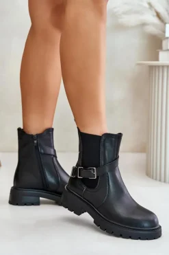 Buty Sergio Leone Botki Ocieplane|Botki Zimowe Damskie*Skórzane Ocieplane Botki Sztyblety Z Paskiem Sergio Leone TR719-S Czarne Czarny