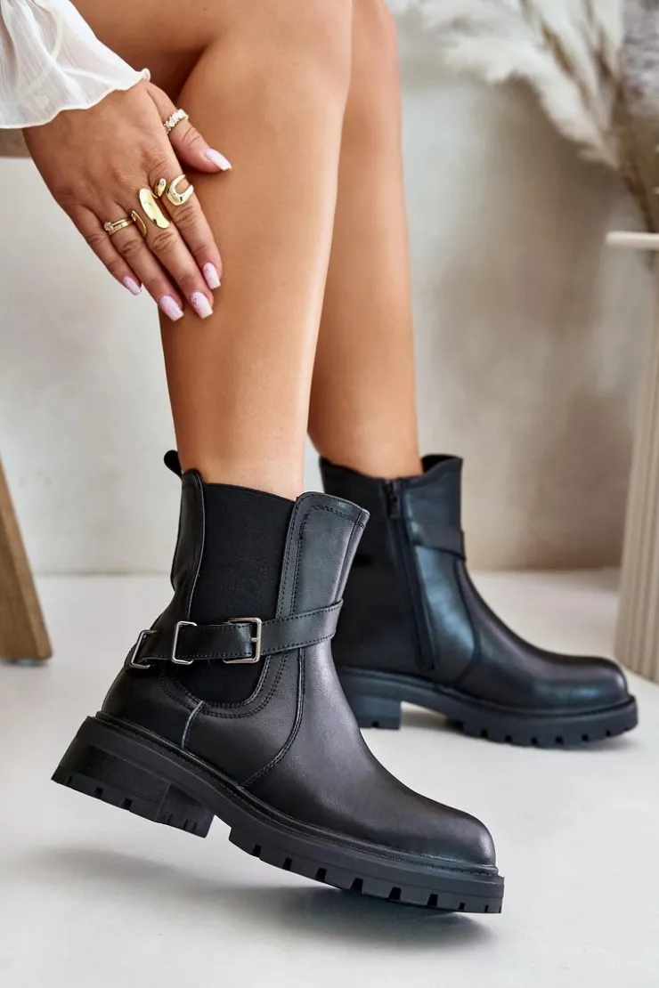 Buty Sergio Leone Botki Ocieplane|Botki Zimowe Damskie*Skórzane Ocieplane Botki Sztyblety Z Paskiem Sergio Leone TR719-S Czarne Czarny