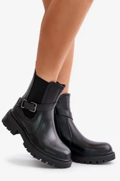 Buty Sergio Leone Botki Ocieplane|Botki Zimowe Damskie*Skórzane Ocieplane Botki Sztyblety Z Paskiem Sergio Leone TR719-S Czarne Czarny