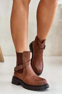 Buty Sergio Leone Botki Zimowe Damskie|Brązowe I Beżowe Botki*Skórzane Ocieplane Botki Sztyblety Z Paskiem Sergio Leone TR719-S Brązowe