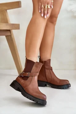 Buty Sergio Leone Botki Zimowe Damskie|Brązowe I Beżowe Botki*Skórzane Ocieplane Botki Sztyblety Z Paskiem Sergio Leone TR719-S Brązowe