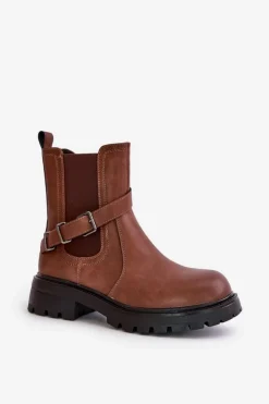 Buty Sergio Leone Botki Zimowe Damskie|Brązowe I Beżowe Botki*Skórzane Ocieplane Botki Sztyblety Z Paskiem Sergio Leone TR719-S Brązowe