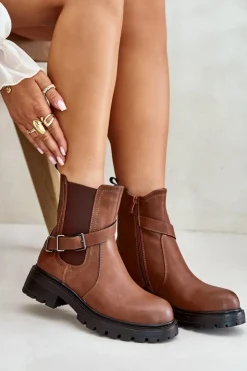 Buty Sergio Leone Botki Zimowe Damskie|Brązowe I Beżowe Botki*Skórzane Ocieplane Botki Sztyblety Z Paskiem Sergio Leone TR719-S Brązowe