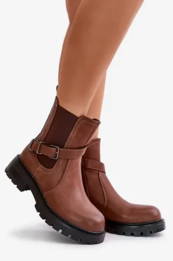 Buty Sergio Leone Botki Zimowe Damskie|Brązowe I Beżowe Botki*Skórzane Ocieplane Botki Sztyblety Z Paskiem Sergio Leone TR719-S Brązowe