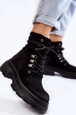 Discount Evento Skórzane Ocieplane Botki Sznurowane Czarne Merisha
