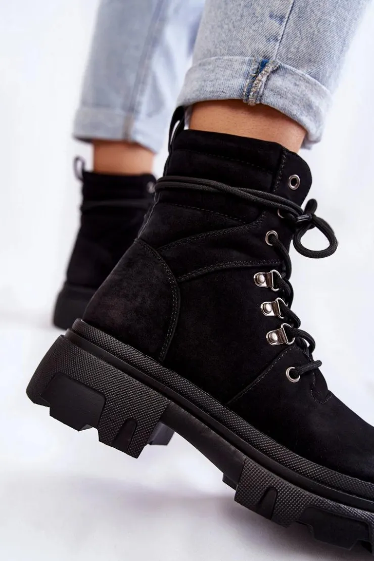 Discount Evento Skórzane Ocieplane Botki Sznurowane Czarne Merisha